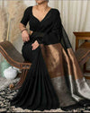 Black Pure Khadi Cotton Saree With Zari Pallu