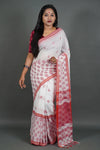 Flower-Print Red and White Saree