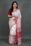 Flower-Print Red and White Saree