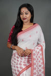 Flower-Print Red and White Saree