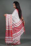 Flower-Print Red and White Saree