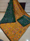 Golden Madhubani printed Saree With Green Pallu