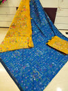 Sky Madhubani printed Saree With Yellow Pallu