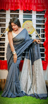 Gray Handllom Soft Cotton Stripe Saree